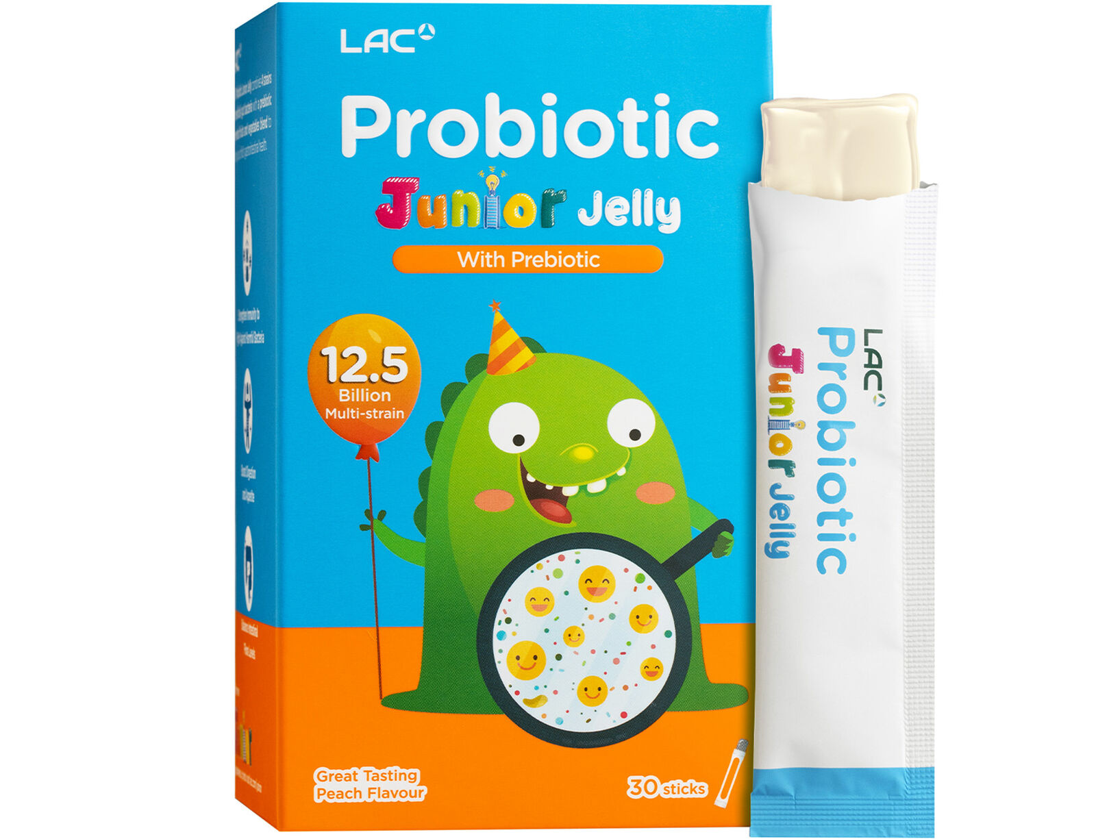 LAC Probiotic Junior хүүхдийн пробиотик, тоорын амттай 15 г — 30 савхан — Урд, зүүн талаас