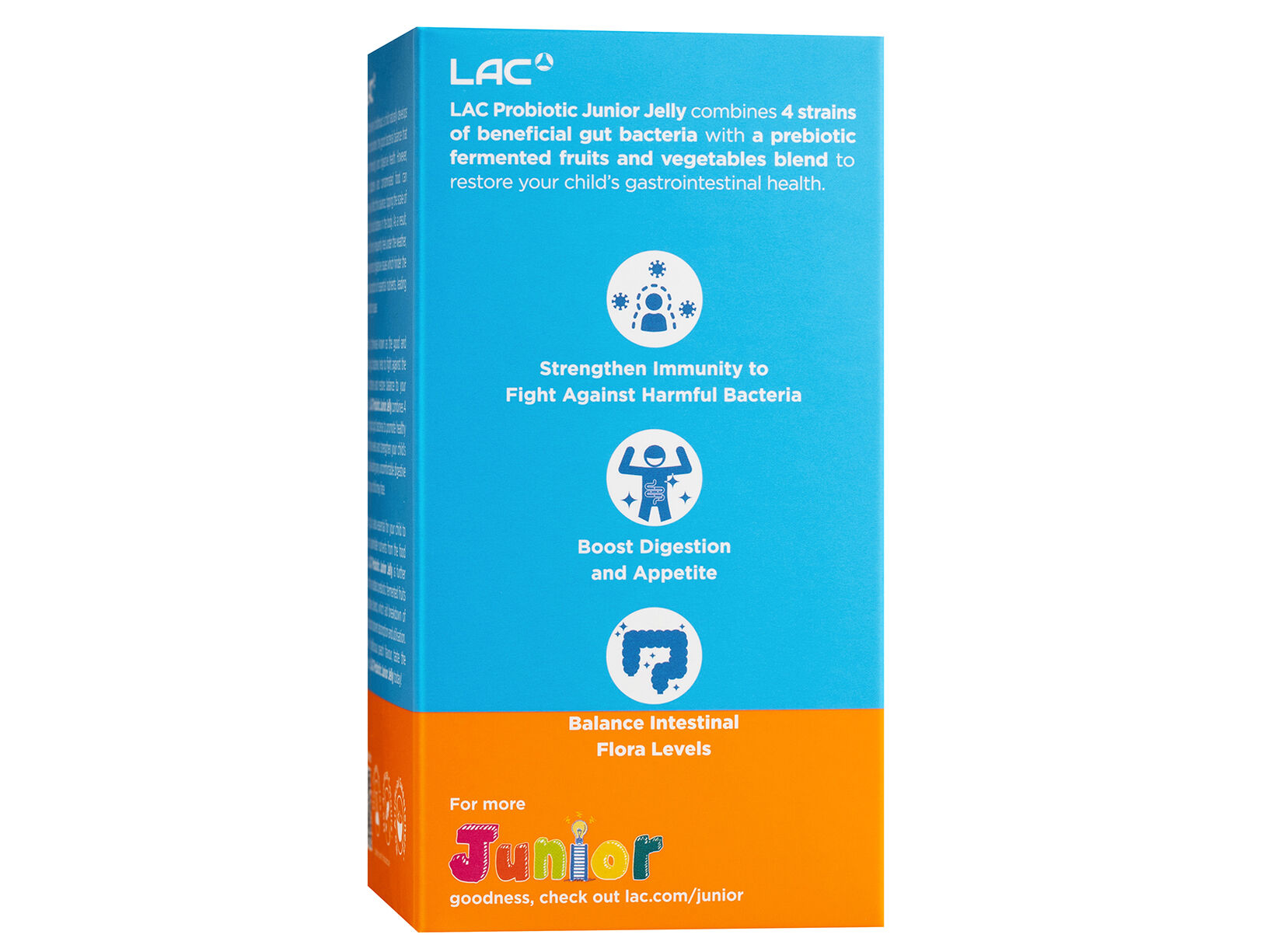 LAC Probiotic Junior хүүхдийн пробиотик, тоорын амттай 15 г — 30 савхан — Хажуугаас, зүүн